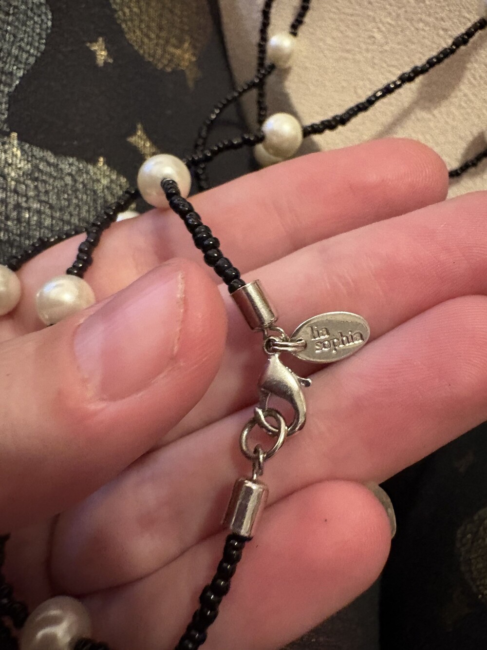lia sophia necklace black seed beads faux pearl beaded chain